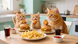 مامان گربه و بچه گربه‌ها مرغ برگر و سیب‌زمینی سرخ‌کرده ترد درست می‌کنند 
