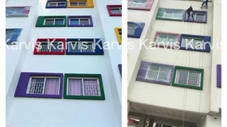 نقاشی نمای ساختمان مدرسه در آمل به روش دسترسی با طناب