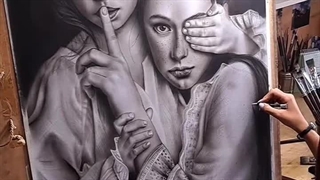 طراحی چهره سیاه‌ قلم دو دختر | فرنوآرت