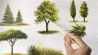 نقاشی درختان با قلم‌موی بادبزنی - آموزش گام‌به‌گام نقاشی اکریلیک